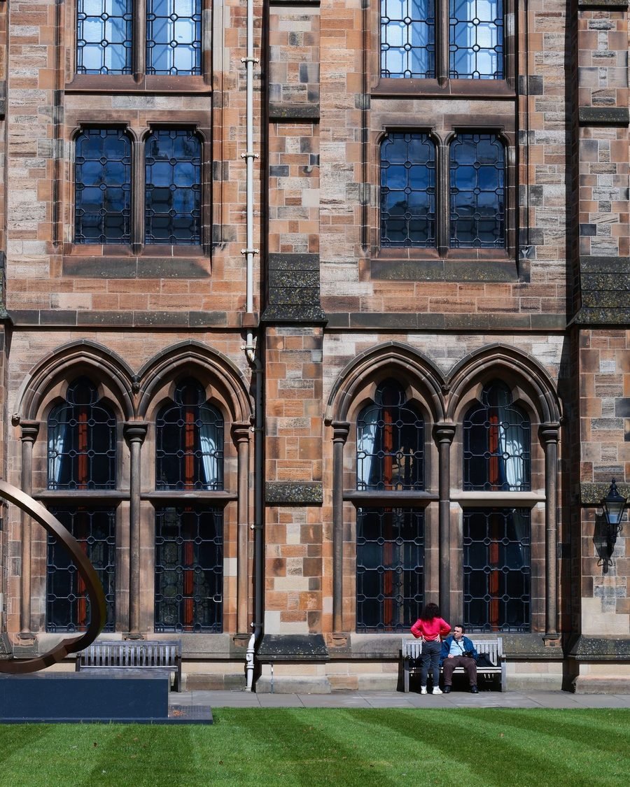 Arched stone windows of the main school building